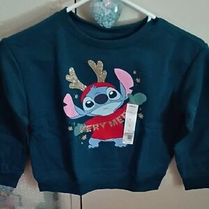 Disney Teal Sweatshirt with Stitch Holiday Graphic and Gold Glitter Antlers